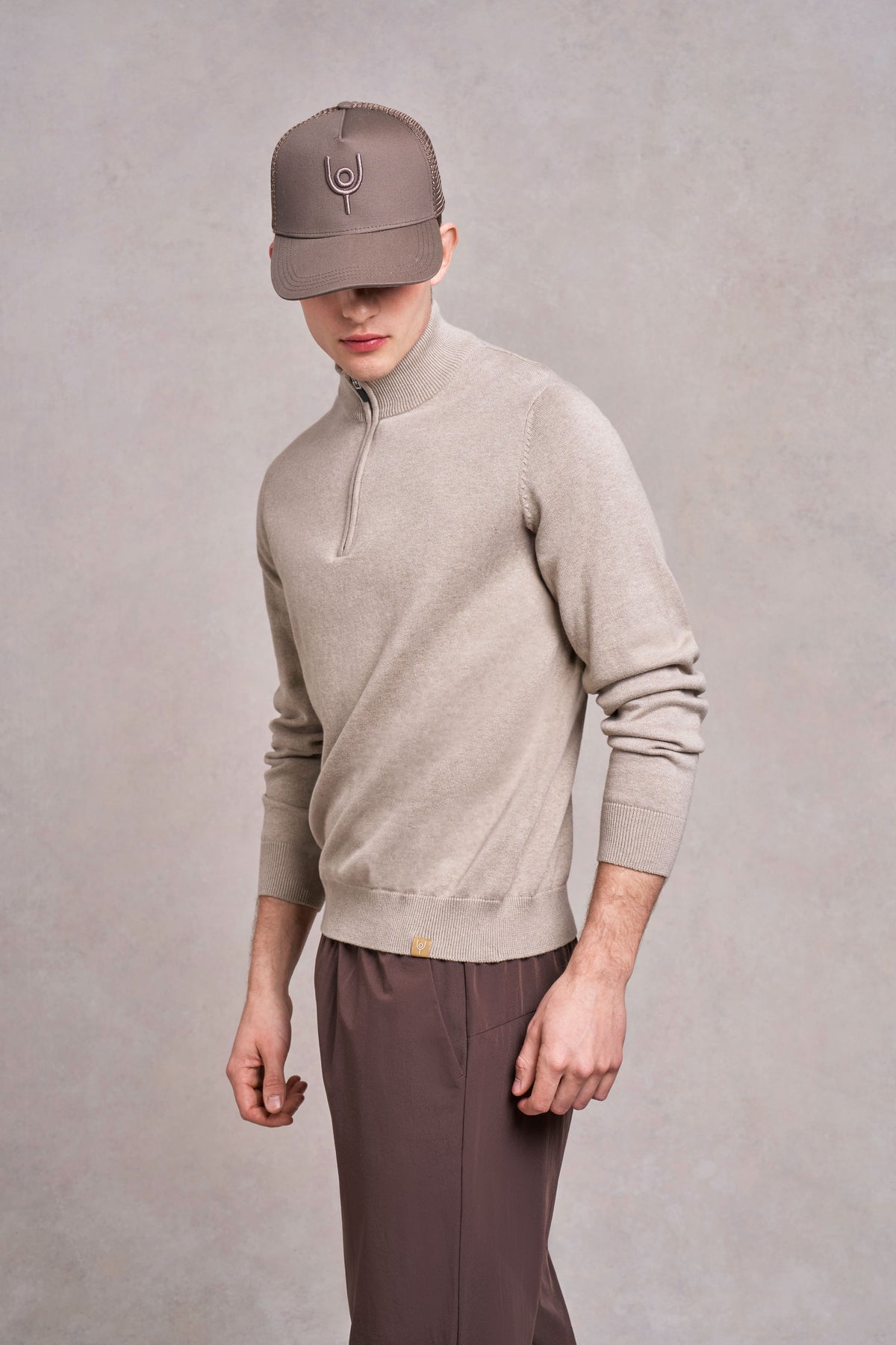 Woodhouse 1 4 Zip Knitted Cotton Jumper fawn